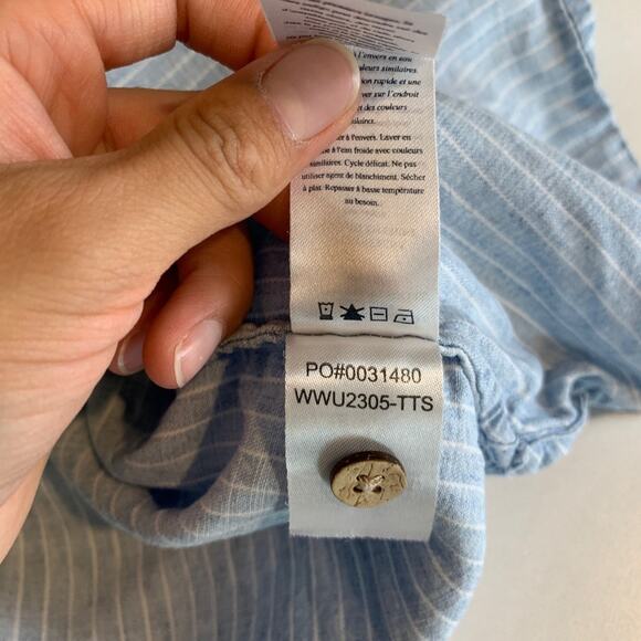 Faherty Shirt Womens S Small Linen Blend Breeze Stripe Button Cap Sleeve Cuffed - Picture 10 of 12